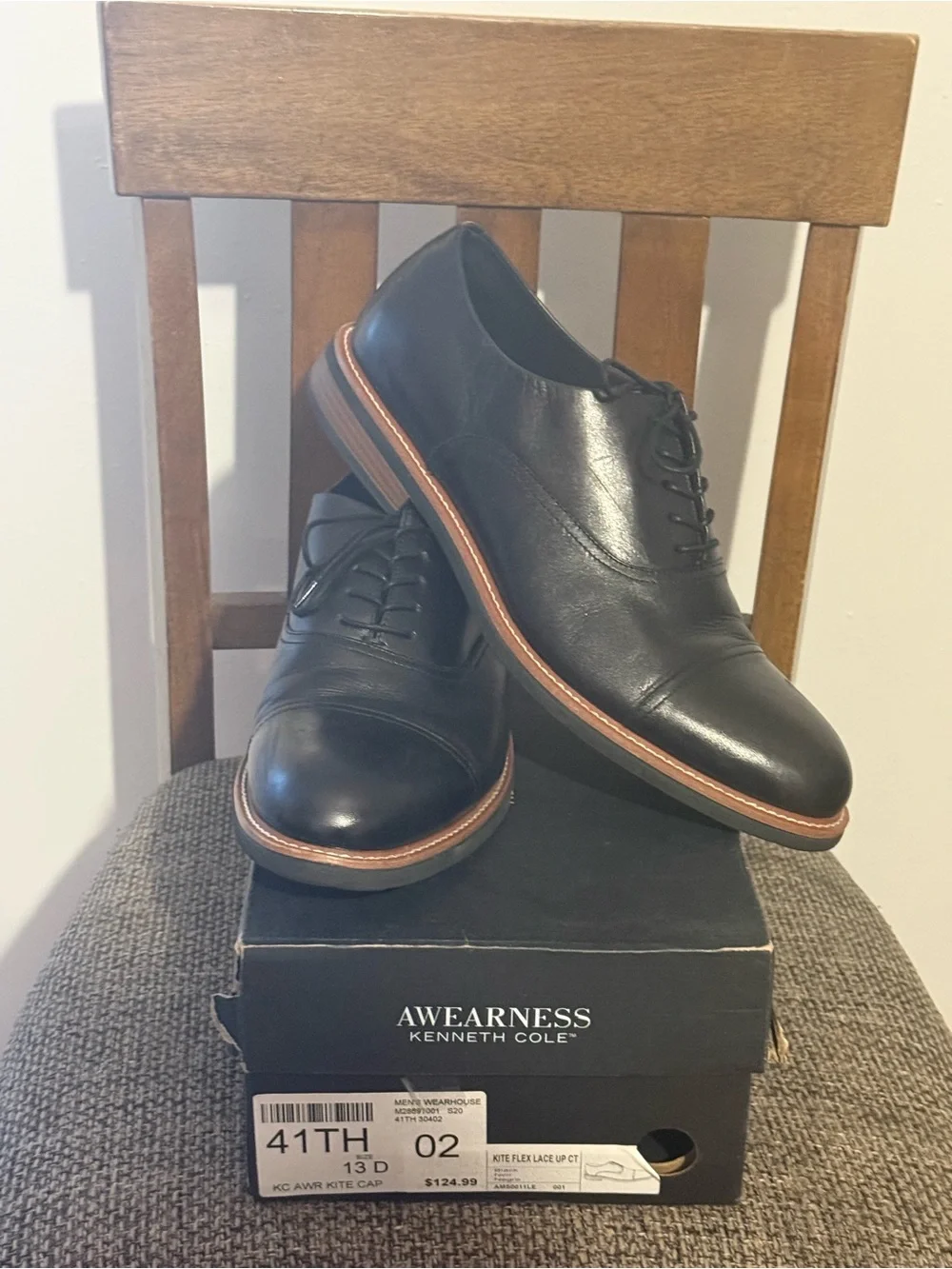 Kenneth Cole Black Leather Cap-Toe Derby with Brown Welt